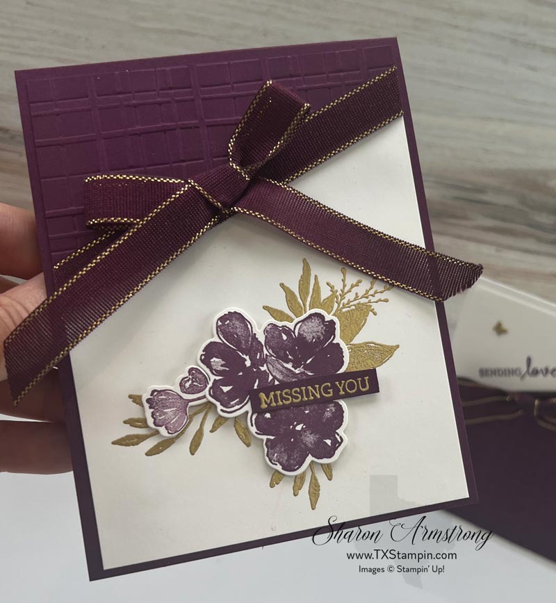 Stampin'-Up!-Regal-Winter-suite-of-products-has-Blackberry-Bliss-ribbon-with-gold-trimmed-edge