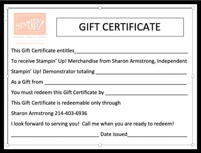 Gift Certificate Available for Purchase | Tx Stampin Sharon